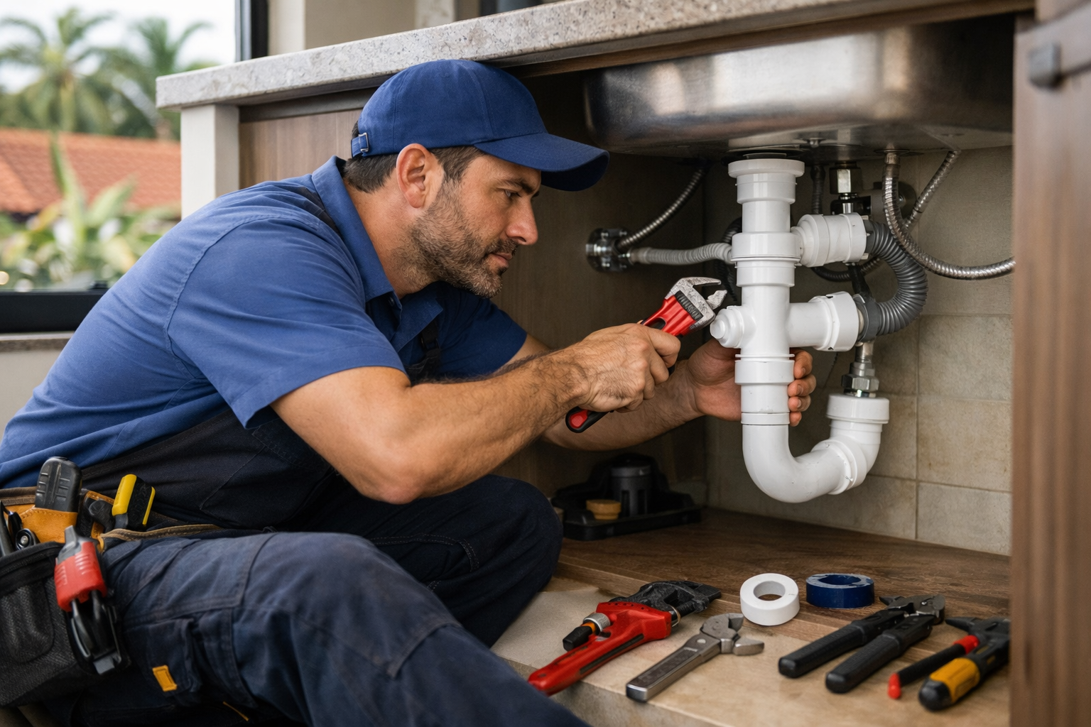 Encanador realizando reparos hidráulicos em tubulação residencial em Maringá PR